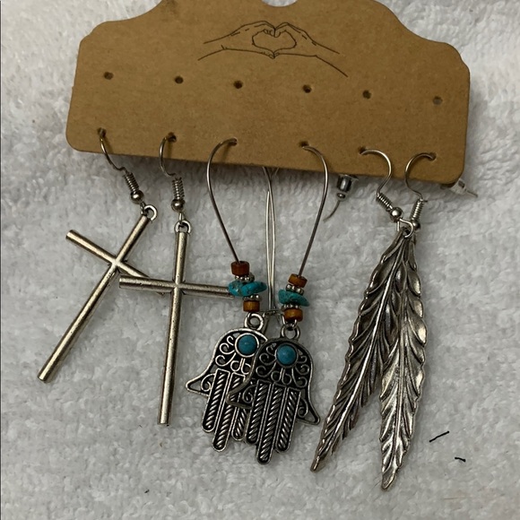 Silver and Turquoise Boho Earrings Set 3 pairs - Picture 1 of 3